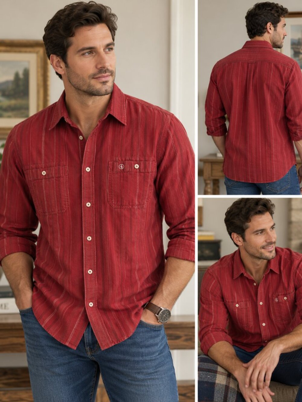 Aigle Men’s Red Striped Cotton Button Down Outdoor Shirt Gorpcore